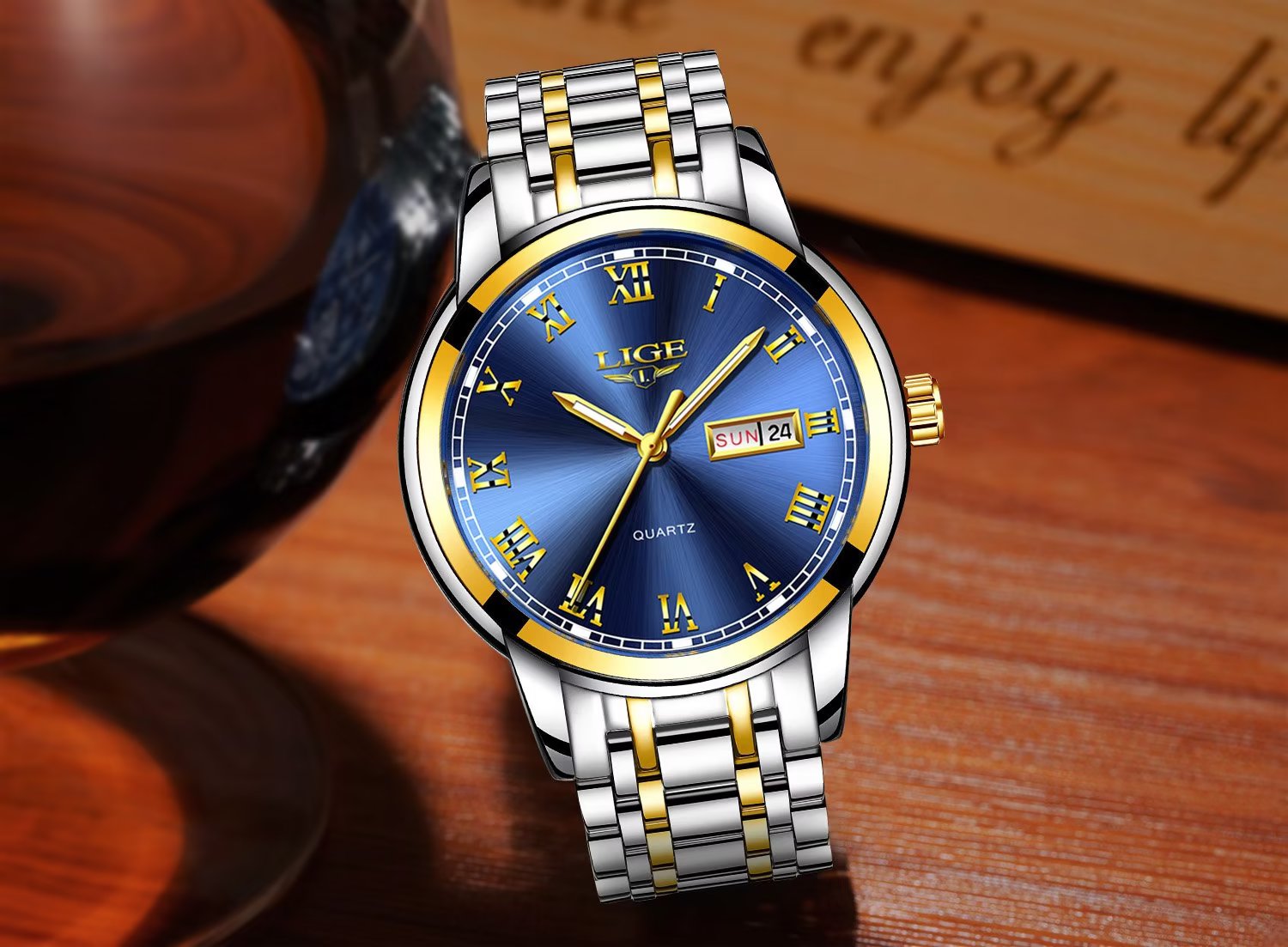 LIGE Quality Mens Watches Luxury Quartz Analog Watch Business Date Wristwatches  for Women Men Silver-Gold 
